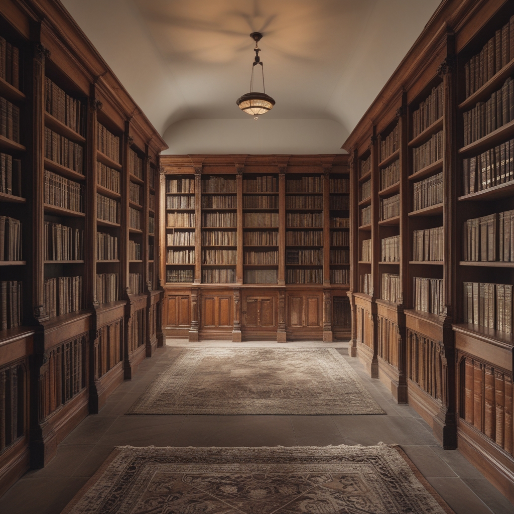 Biblioteca antigua con estantes de madera llenos de libros encuadernados en cuero de colores oscuros, iluminada por luz cálida de lámpara, con atmósfera de estudio académico profundo