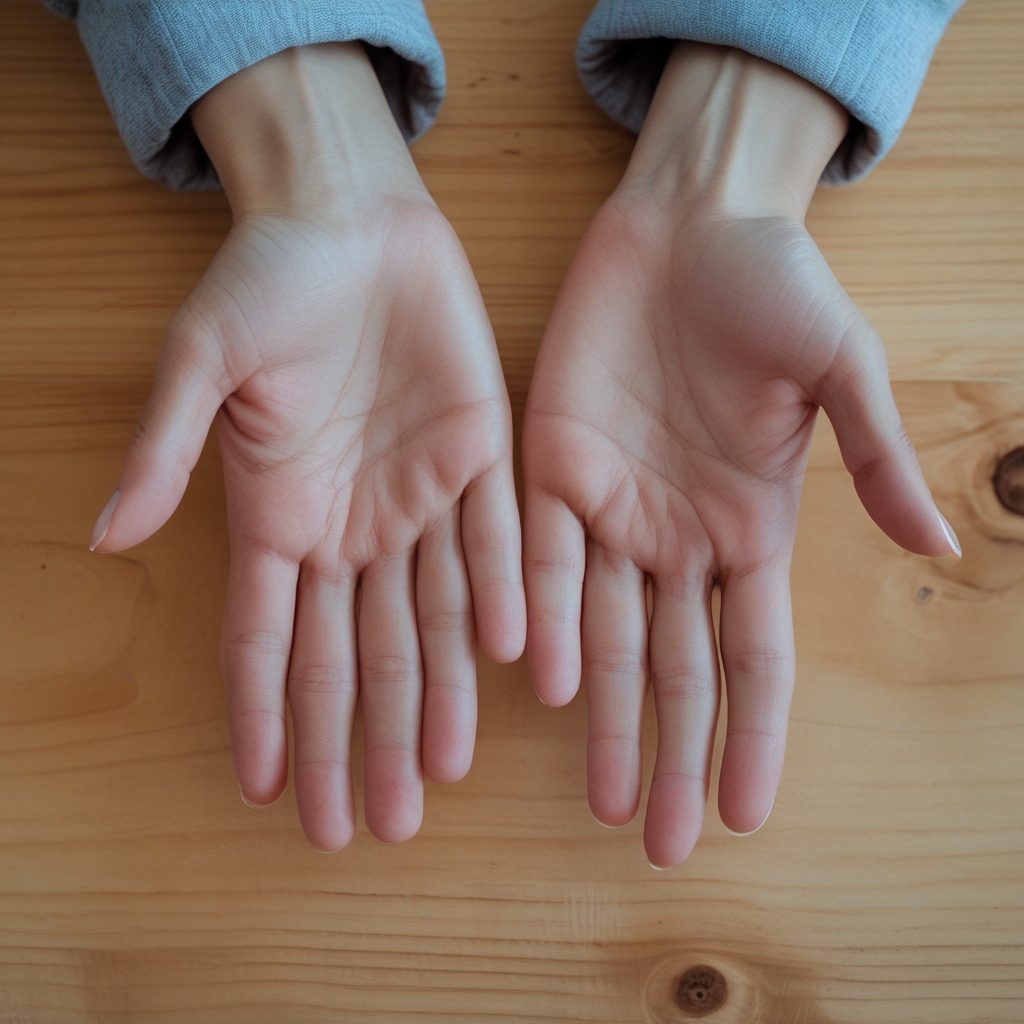Manos de una persona cubriéndose suavemente los ojos cerrados con las palmas ahuecadas, en un entorno iluminado con luz cálida tenue, sobre una superficie de madera natural