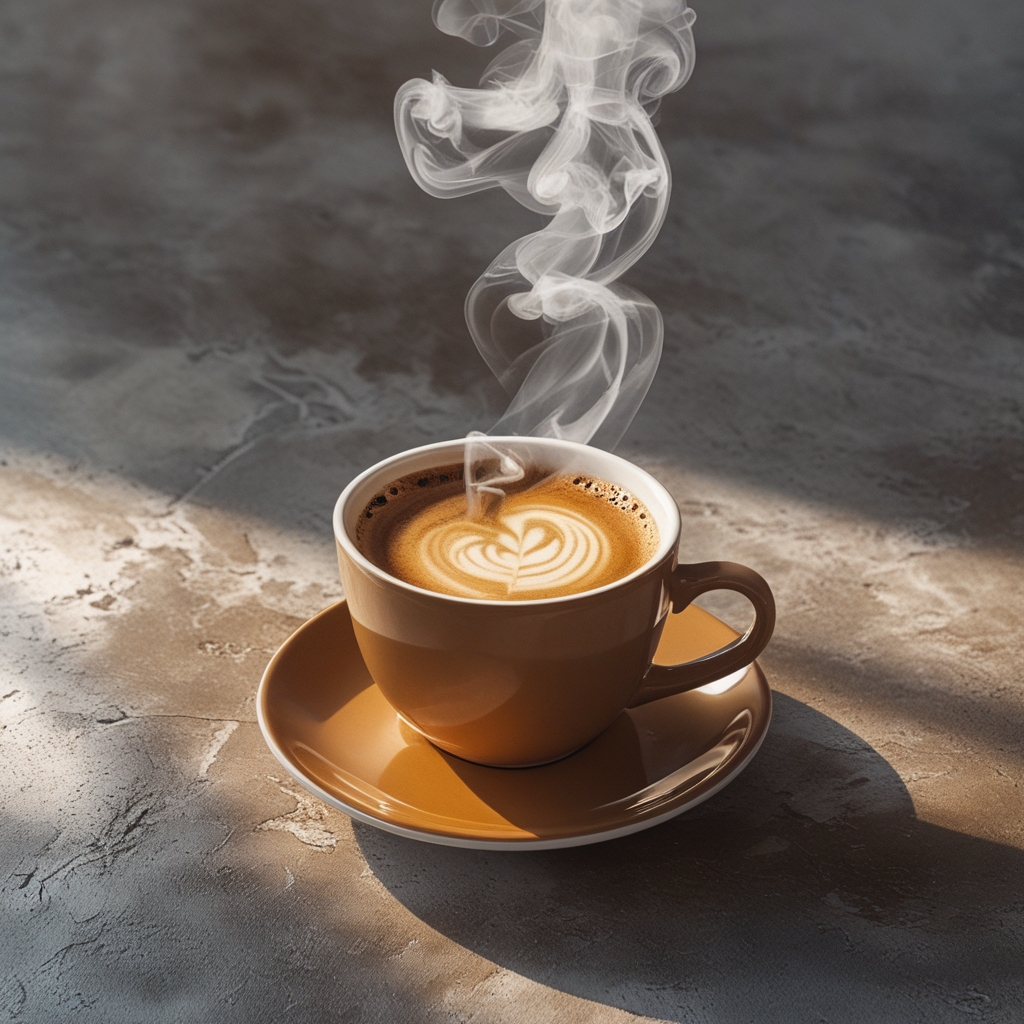 Taza de café sobre una mesa de madera vista desde arriba, con patrones circulares de vapor que ascienden, sobre un fondo neutro oscuro de textura rústica, evocando pausa y reflexión