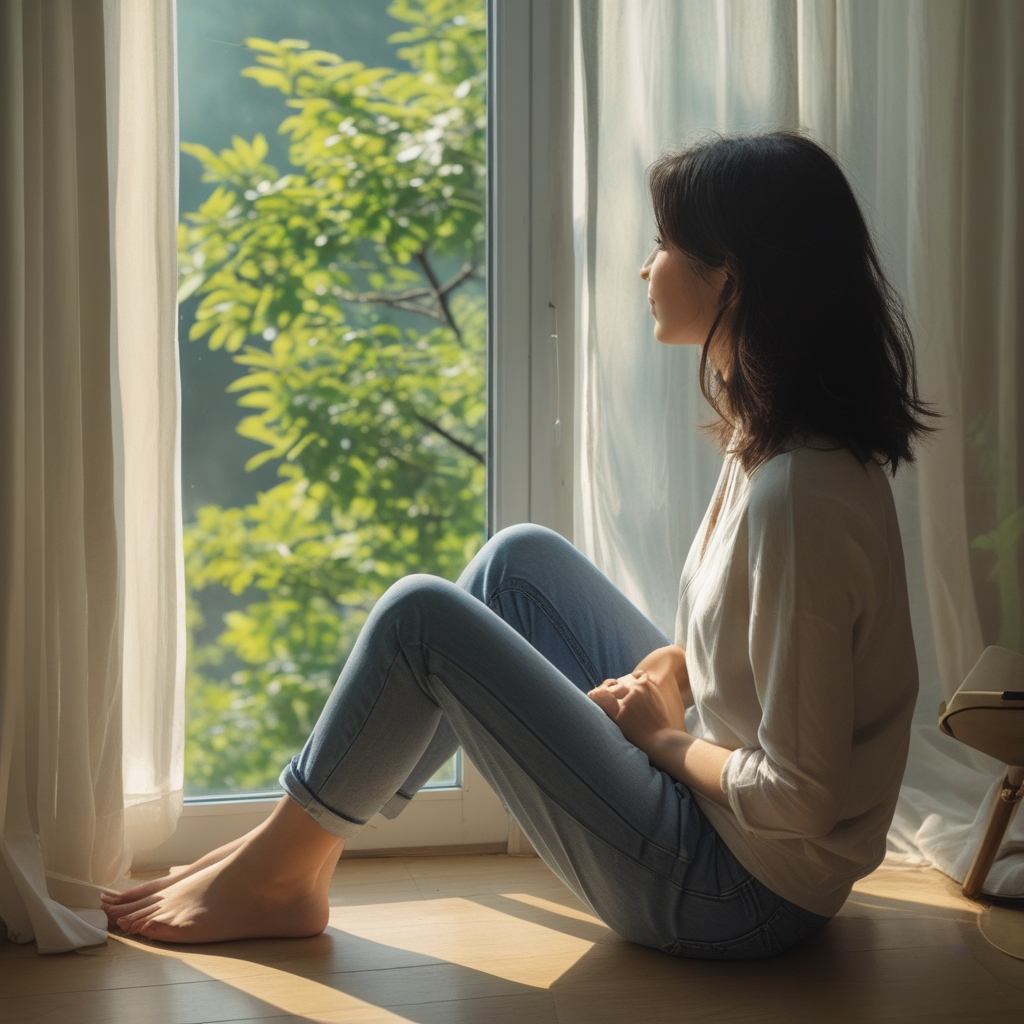 Persona sentada junto a una ventana amplia mirando hacia un paisaje natural verde y luminoso, con luz suave que entra por el cristal, evocando calma y concentración visual
